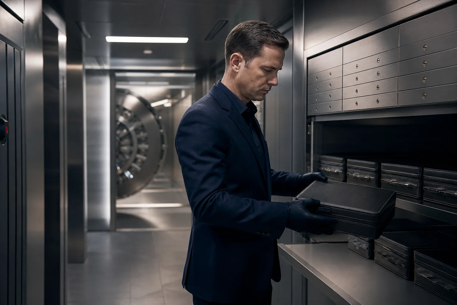 Custody specialist inspecting sealed cases in a secure vault