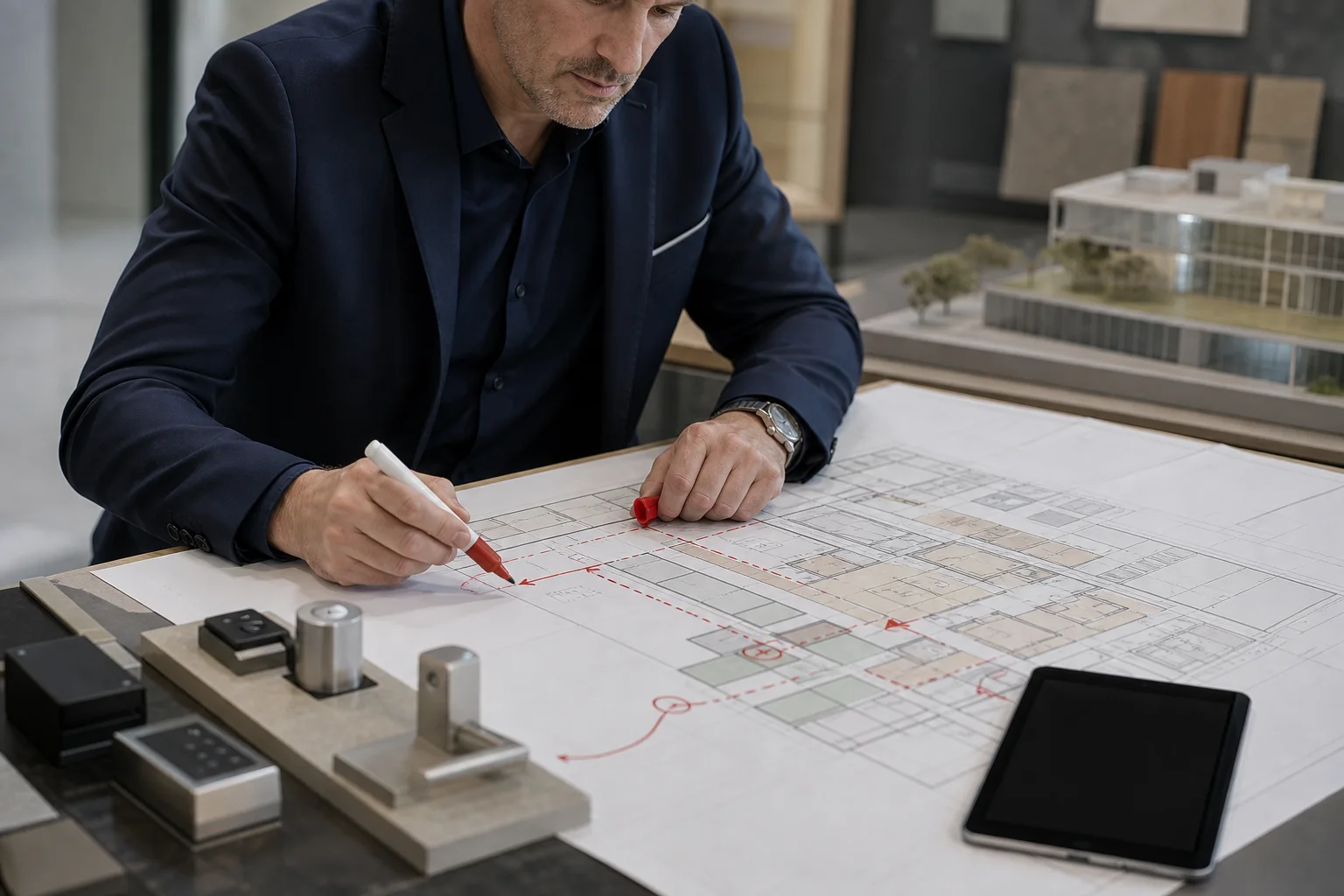 Security consultant reviewing access points at a property